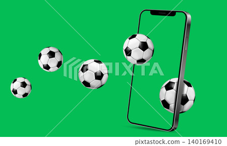 Soccer balls fly into a smartphone screen. Concept for soccer competition. 140169410