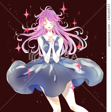 A woman with her hands clasped in front of her chest; black, sparkly. A woman with her hands clasped in front of her chest; black, sparkly. 140169537