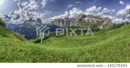 Panoramic view of Langkofel and Sella groups, Dolomites, Italy Panoramic view of Langkofel and Sella groups, Dolomites, Italy 140170164