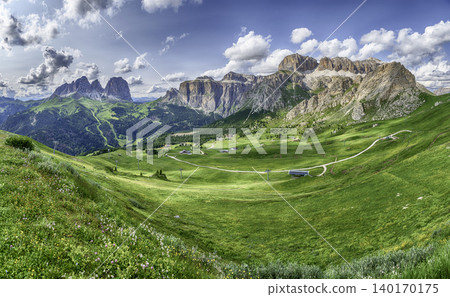 Panoramic view of Langkofel and Sella groups, Dolomites, Italy 140170175
