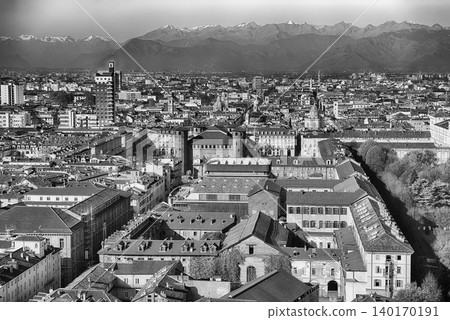 Panoramic view of Turin city center and the Alps, Italy 140170191