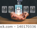 Futuristic AI recruitment technology concept showcasing digital HR management with advanced interfaces and automation. 140170336