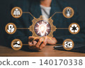 Visual representation of smart energy management with icons for renewable energy, efficiency, and sustainability. 140170338