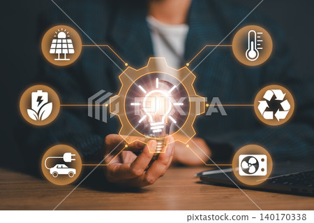 Visual representation of smart energy management with icons for renewable energy, efficiency, and sustainability. 140170338