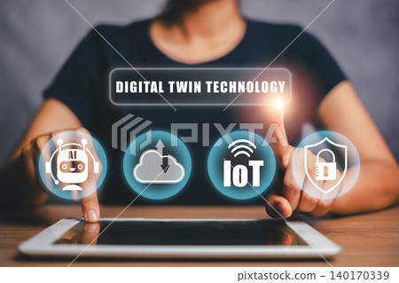 Explore the cutting-edge digital twin technology, showcasing IoT and AI for advanced industrial applications and smart solutions. 140170339