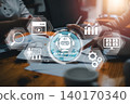 Futuristic AI meeting assistant interface with digital icons enhancing business collaboration and productivity. 140170340