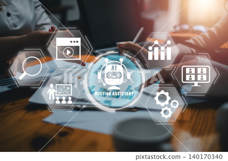 Futuristic AI meeting assistant interface with digital icons enhancing business collaboration and productivity. 140170340