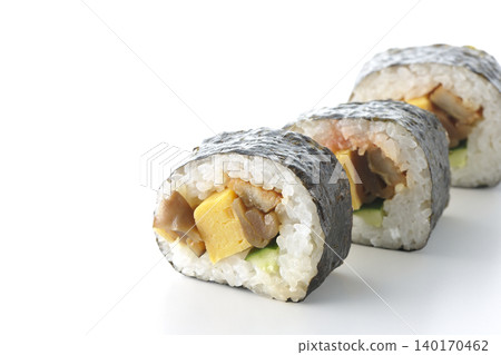 Eel sushi roll photographed against a white background Eel sushi roll photographed against a white background 140170462