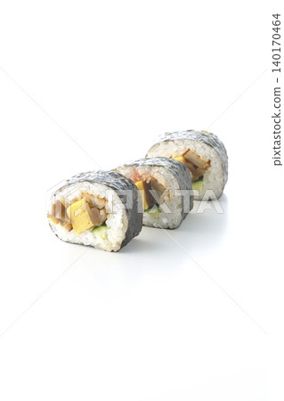 Eel sushi roll photographed against a white background Eel sushi roll photographed against a white background 140170464