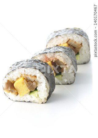 Eel sushi roll photographed against a white background Eel sushi roll photographed against a white background 140170467