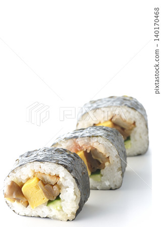 Eel sushi roll photographed against a white background 140170468