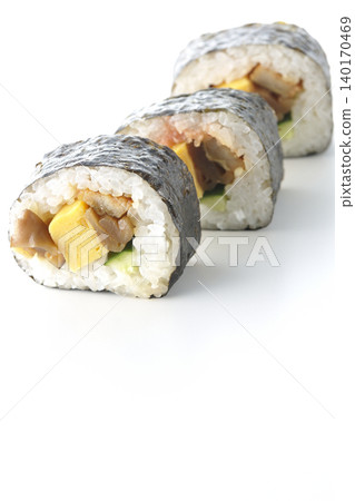 Eel sushi roll photographed against a white background Eel sushi roll photographed against a white background 140170469