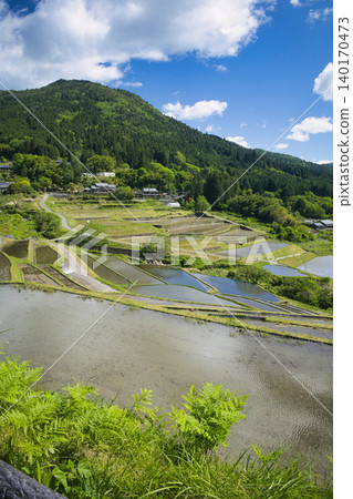 岐阜縣惠那市中乃方町的坂織梯田,在插秧前註滿了水。 岐阜縣惠那市中乃方町的坂織梯田,在插秧前註滿了水。 140170473