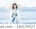 一位女子漫步街頭，享受著初夏的微風。 140170527