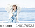 一位女子漫步街頭，享受著初夏的微風。 140170528