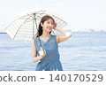一位女子漫步街頭，享受著初夏的微風。 140170529