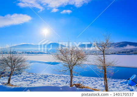 Early morning in winter at Lake Yamanaka: The frozen lake surface and frost-covered trees sparkle in the morning sun, creating a snowy landscape. 140170537