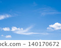 Beautiful clear blue sky background with soft white clouds and wispy streaks. Bright sunny day atmosphere perfect for nature, weather, or freedom concepts. Minimalist scenery with copy space. 140170672
