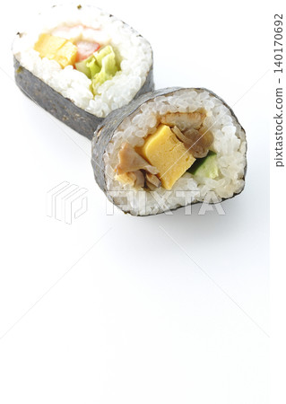 Eel roll sushi and salad roll photographed against a white background. Eel roll sushi and salad roll photographed against a white background. 140170692