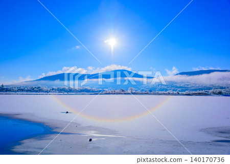一種罕見的天氣現象：雪面光暈－冬季出現在山中湖雪原上的圍繞太陽的彩虹色光環。 140170736