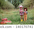 Two smiling children holding fresh red apples orchard baskets grass during sunny autumn harvest 140170741
