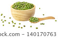 Green mung beans in a wooden bowl and spoon isolated. Healthy organic legumes, superfood, and vegetarian protein source for cooking. 140170763