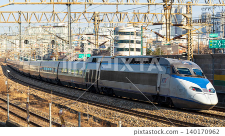 South Korea's high-speed train KTX speeds around a curve. 140170962