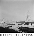 Old photograph, 1943, Manchuria during the Second Sino-Japanese War: Mishan Mountains, Dong'an Province (present-day Heilongjiang Province), showing the barracks of the 3108th Manchurian Unit and a snowy landscape. 140171490