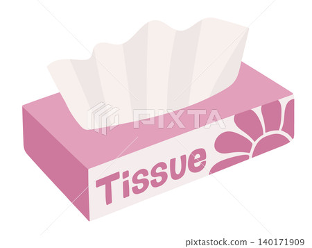 An illustration of a pop-style pink box of tissues being pulled out. 140171909
