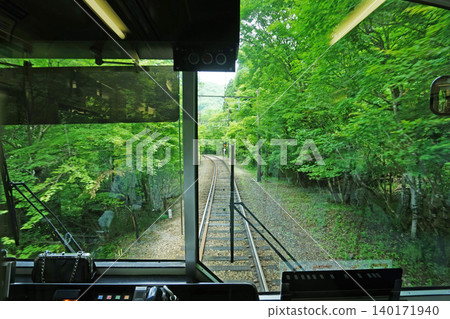 View from train cabin traveling through lush green forest on sunny day View from train cabin traveling through lush green forest on sunny day 140171940