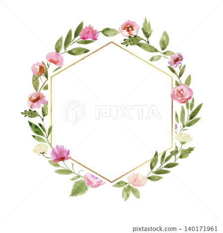 Watercolor-style pink flower and leaf hexagonal frame Watercolor-style pink flower and leaf hexagonal frame 140171961