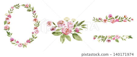 水彩風格粉紅花圈和花束套裝 140171974