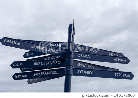 Blue Directional Signpost Showing Global Destinations and Distances Blue Directional Signpost Showing Global Destinations and Distances 140172060