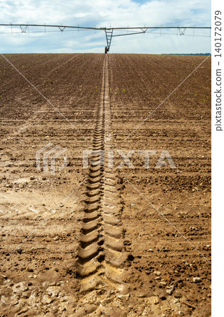 Agricultural Landscape with Heavy Tractor Tracks and Water Sprinkler in Background Agricultural Landscape with Heavy Tractor Tracks and Water Sprinkler in Background 140172079