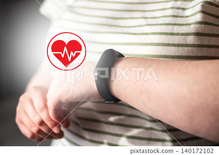 Woman feeling anxiety and stress checking health on smartwatch. Deep fatigue from digital and technologies. Obsession about data tracking 140172102