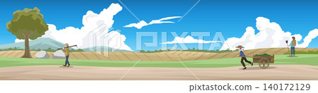 Panoramic vector banner of a rural countryside landscape with farmers working in the fields. Scene features rolling hills a large green tree and a bright blue sky filled with white clouds. 140172129