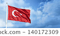 Turkish flag waving in the blue, cloudy sky.	 140172309