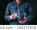 Man holding smartphone with AI voice assistant and sound wave hologram. Smart technology concept for speech recognition, digital audio processing, and virtual command control system. 140172438