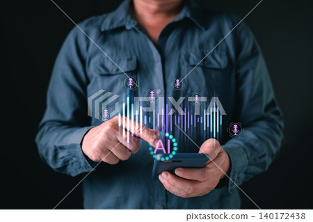 Man holding smartphone with AI voice assistant and sound wave hologram. Smart technology concept for speech recognition, digital audio processing, and virtual command control system. 140172438