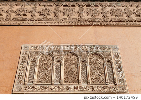 decoration with arabic motifs on a wall of the Moroccan palace of la Bahia decoration with arabic motifs on a wall of the Moroccan palace of la Bahia 140172459