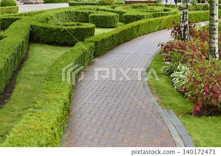 Curves of nature: A winding path through lush greenery in a tranquil garden Curves of nature: A winding path through lush greenery in a tranquil garden 140172471