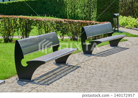 Stylish benches in a serene community park setting 140172957