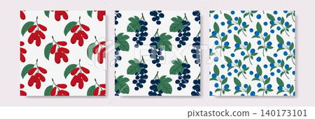 Seamless patterns with dogwood, dark current, blueberries, green leaves Seamless patterns with dogwood, dark current, blueberries, green leaves 140173101