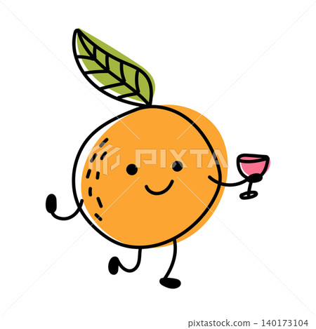 Illustration of happy orange fruit with leaf and wine glass Illustration of happy orange fruit with leaf and wine glass 140173104