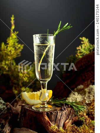 Gin or herbal bitter in glass, set among juniper branches, weathered driftwood and forest moss. Gin or herbal bitter in glass, set among juniper branches, weathered driftwood and forest moss. 140173144