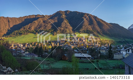 Panoramic view of Mestia city in Upper Svaneti region, Georgia. 140173318