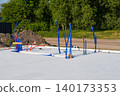 Utility conduits and plumbing pipes in insulated foundation slab before concrete pouring phase site 140173353