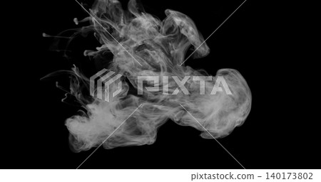 Detailed white smoke formation isolated on black background. Abstract swirling vapor with realistic texture and smooth flowing shapes, ideal for creative design, overlays and visual effects. 140173802