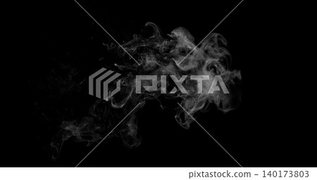Detailed white smoke formation isolated on black background. Abstract swirling vapor with realistic texture and smooth flowing shapes, ideal for creative design, overlays and visual effects. 140173803