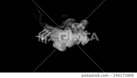 Detailed white smoke formation isolated on black background. Abstract swirling vapor with realistic texture and smooth flowing shapes, ideal for creative design, overlays and visual effects. 140173806